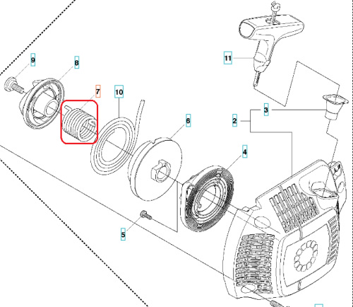 Sprężyna rozrusznika pilarki Husqvarna 435/435e/440e, metalowa, srebrzysta, o okrągłym kształcie z wyraźnym gwintowaniem i otwartymi końcami, ustawiona poziomo.
