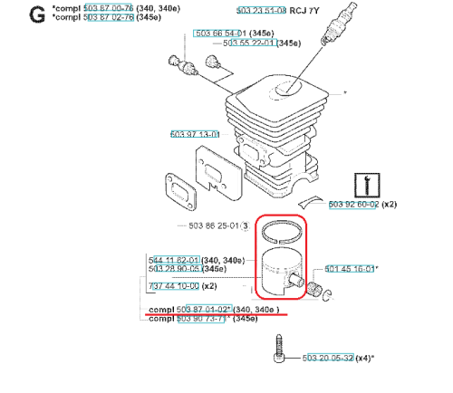 Tłok kompletny do pilarki Husqvarna 350/345/340, metalowy, cylindryczny, z otworem na mocowanie. Widoczny z przodu, w orientacji pionowej. Kolor srebrny, z wyraźnym napisem. Element pasuje do modeli 340 i 345, dostępny w zestawie.