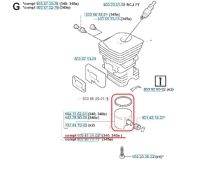 Tłok kompletny do pilarki Husqvarna 350/345/340, metalowy, cylindryczny, z otworem na mocowanie. Widoczny z przodu, w orientacji pionowej. Kolor srebrny, z wyraźnym napisem. Element pasuje do modeli 340 i 345, dostępny w zestawie.