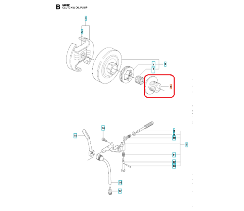 Ślimak pompy oleju do pilarki Husqvarna 353/346XP, metalowy element w kształcie cylindrycznym z gwintem na końcu. Widać finezyjne wycięcia i teksturę powierzchni. Widok z boku, na białym tle, z oznaczeniem numeru katalogowego.