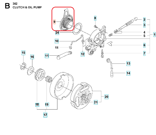 Ślimak pompy oleju do pilarki Husqvarna 362/372 XP/XPG, metaliczny, okrągły z ząbkowaną krawędzią. Nowy element systemu smarowania, widoczny z boku na białym tle, z detalami mechanicznymi i mocowaniem.