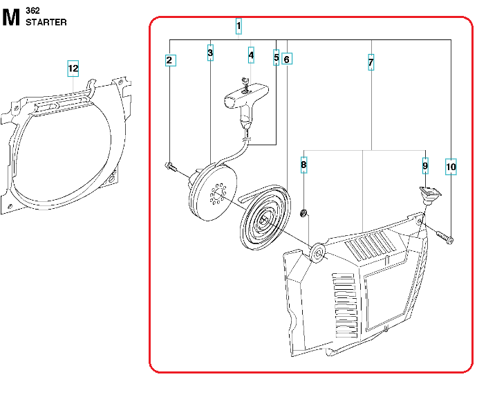 Rozrusznik do pilarki Husqvarna 362/365/372XP, widok frontalny z tarczą, uchwytem, metalowymi mocowaniami i etykietami, wykonany z ciemnego plastiku z fragmentem osłony na białym tle.