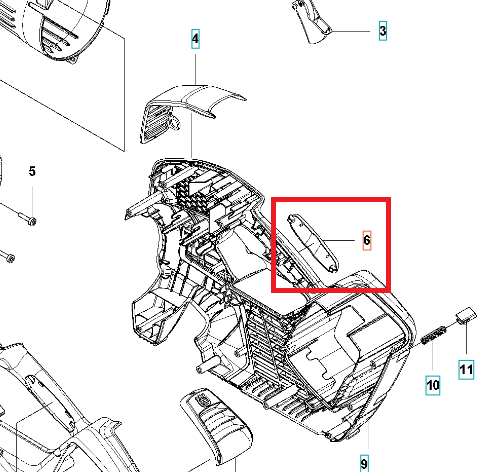 Wkładka uchwytu dmuchawy 120iB Husqvarna, w kolorze czarnym; element plastikowy, o ergonomicznym kształcie. Widoczny z boku w ujęciu z góry, zamocowany na obudowie dmuchawy, z czytelnym oznaczeniem numeru 6.