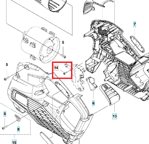 Metalowa, srebrna śruba dmuchawy do pilarki Husqvarna 325iB, z widocznym gwintem i główką z otworami, pokazana na schemacie montażowym pod kątem, ukazując jej położenie w urządzeniu.