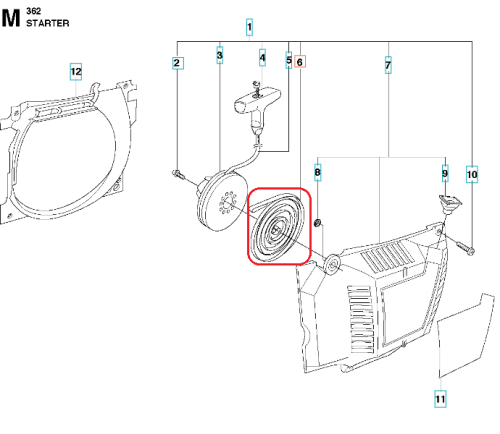 Sprężyna rozrusznika do pilarki Husqvarna 362/372 XP/XPG, spiralna, ciemnoszara, z fakturą strukturalną, widoczna z boku na białym tle z detalami mocowania.