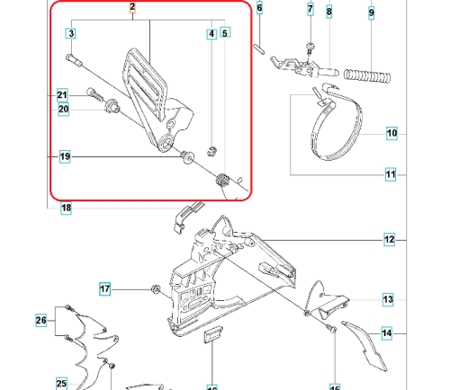 Dźwignia hamulca do pilarki Husqvarna 281 XP/395 XP. Element w kształcie ergonomicznym, wykonany z tworzywa sztucznego, w kolorze czarnym. Ujęcie z przodu, montowany na korpusie pilarki, z widocznymi punktami mocowania.