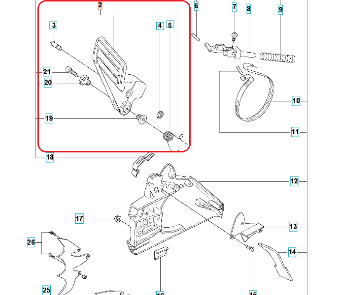 Dźwignia hamulca do pilarki Husqvarna 281 XP/395 XP. Element w kształcie ergonomicznym, wykonany z tworzywa sztucznego, w kolorze czarnym. Ujęcie z przodu, montowany na korpusie pilarki, z widocznymi punktami mocowania.
