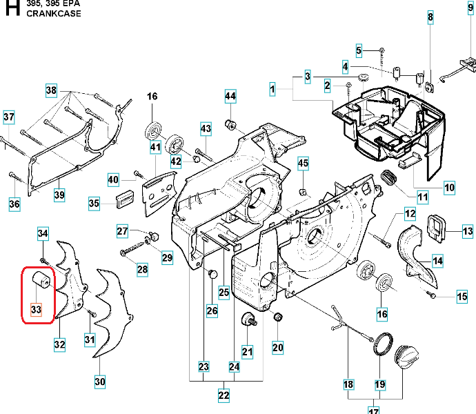 Metalowy wychwytnik łańcucha pilarki Husqvarna 395XP/XPG/371XP/362XP, cylindryczny element z mocowaniami, zapewniający stabilność łańcucha, oznaczony numerem 33, widoczny z boku na białym tle.