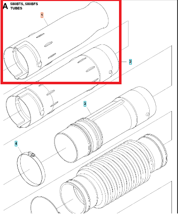 Rura dmuchawy 580BTS Husqvarna, widok frontalny. Biała, gładka, cylindryczna z otworami wentylacyjnymi. Wykonana z tworzywa sztucznego, element modułu narzędzia ogrodowego. Brak akcesoriów w tle.