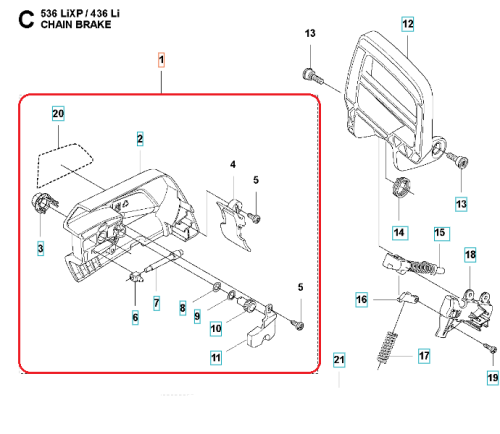 Zespół hamulca/pokrywa sprzęgła dla pilarki Husqvarna 330i/436Li, w kolorze czarnym, z metalowymi elementami. Produkt widoczny z przodu, leżący. W zestawie widoczne są komponenty mocujące, a także zarysy detali konstrukcyjnych. Tło białe.