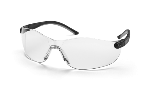 Okulary ochronne Clear Husqvarna z przezroczystymi soczewkami, wykonane z lekkiego materiału. Z przodu widoczne zaokrąglone szkła, zaś ciemne, elastyczne oprawki z profilowanymi zausznikami. Produkt ustawiony w pozycji leżącej na ciemnym tle.