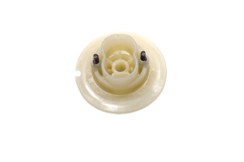 Przezroczyste plastikowe koło linowe do wykaszarki Husqvarna 250R, z otworem mocującym i dwoma bocznymi otworami dla stabilności, na białym tle.