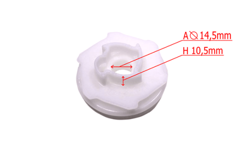 Białe koło linowe do wykaszarek Husqvarna 343R/545RX/345FR, średnica 14,5 mm, wysokość 10,5 mm, z otworem montażowym, na jasnym tle, widok z bliska.