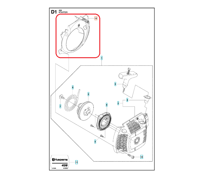 Czarna plastikowa osłona wentylatora do pilarek Husqvarna 435/435 II/440 II, okrągła, z fakturą i otworami montażowymi, zbliżenie na fragment produktu.