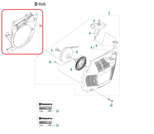 Czarna osłona wentylatora do pilarek Husqvarna 455e/460/461, okrągła, z widocznymi mocowaniami, logo Husqvarna i numerem modelu 455 Rancher, zdjęcie z boku, na prostym tle.