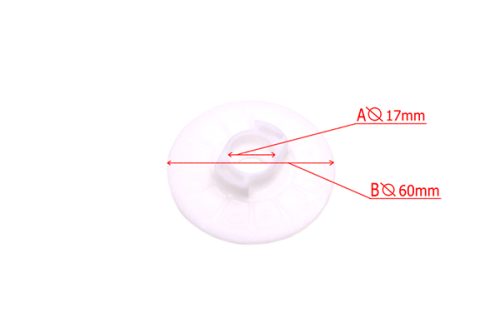 Osłona koła linowego Jonsered BC2236 w kolorze białym, wykonana z tworzywa sztucznego, z centralnym otworem o średnicy 17 mm i zewnętrzną średnicą 60 mm. Produkt ukazany z góry, w pozycji leżącej, z oznaczeniami wymiarów na zdjęciu.