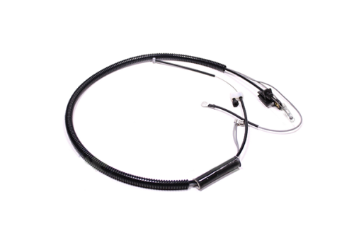 Wiązka sterownicza kosy 555RXT Husqvarna w czarnym plisowanym pokryciu z białymi i metalowymi elementami, pokazująca złącza i mocowania na białym tle, idealna do napraw i konserwacji sprzętu ogrodowego.