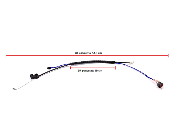 Wiązka sterownicza do podkaszarek Husqvarna 128C. Czerna izolacja, metalowe zakończenia, długość całkowita 54,5 cm, długość pancerza 19 cm. Wygięta w łuk, widok z góry na prostą powierzchnię, na białym tle.