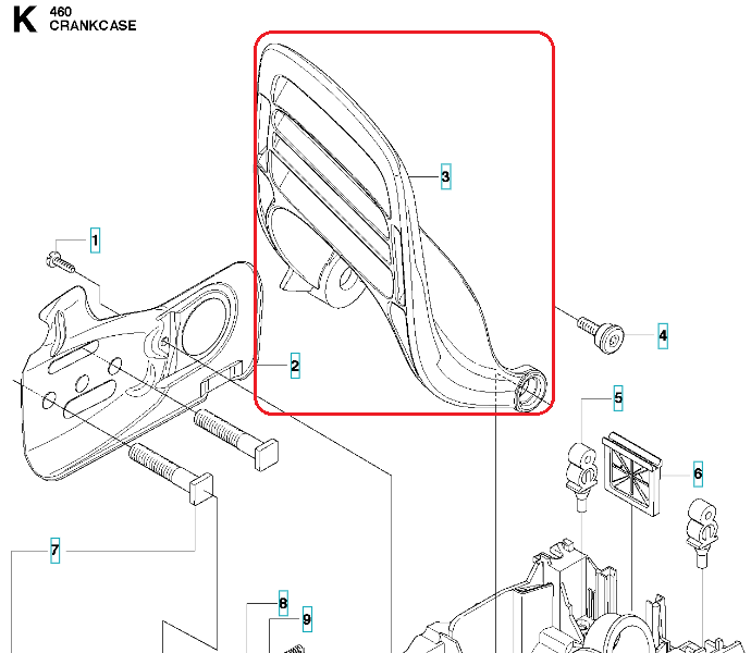Czarna dźwignia hamulca pilarki Husqvarna 460/461 z żłobieniami i ergonomicznym kształtem. Widok z boku ukazuje gładką powierzchnię i detale mocowania na jasnym tle.