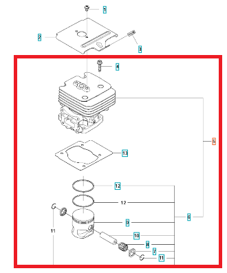 Cylinder dmuchawy 580BTS Husqvarna z silnikiem, tłokiem i mocowaniami. Poziomy widok z numerami części, pokazujący elementy montażowe i kluczowe części do działania urządzenia.