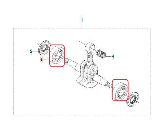 Łożysko kulkowe do pilarki Husqvarna 455e/460/461, widoczne w perspektywie z przodu. Układ elementów obejmuje dwie okrągłe, metalowe tuleje z wyraźnymi rowkami i oznaczeniami, zamontowane na wałku w centralnej części. Tło proste, białe.