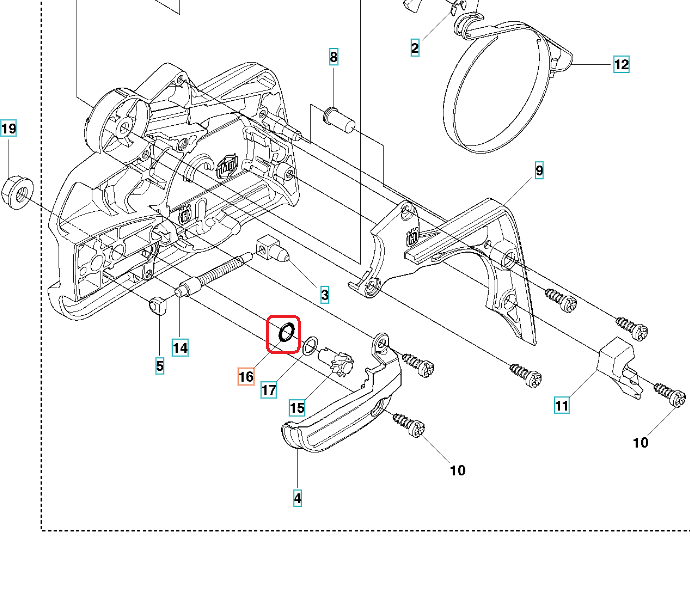 Uszczelka o-ring do pilarek Husqvarna 362/435e/550 XP, czarna, gumowa, okrągła. Widok z bliska na o-ring w schemacie pilarki, pokazujący szczegóły i strukturę materiału.