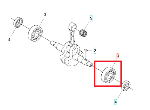 Łożysko wału korbowego dmuchawy Husqvarna 580BTS, metalowe, okrągłe, widoczne mocowania i wymiary dostosowane do wału, umieszczone wewnątrz oznaczonego fragmentu ilustracji.