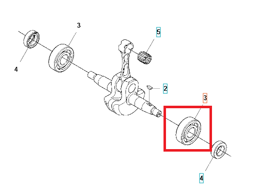 Łożysko wału korbowego dmuchawy Husqvarna 580BTS, metalowe, okrągłe, widoczne mocowania i wymiary dostosowane do wału, umieszczone wewnątrz oznaczonego fragmentu ilustracji.