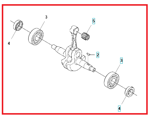 Wał korbowy do dmuchawy Husqvarna 570BTS/580BTS z elementami korbowodu, kół zamachowych i mocowań, widok boczny na białym tle z rozłożonymi częściami dla czytelnej oceny detali.