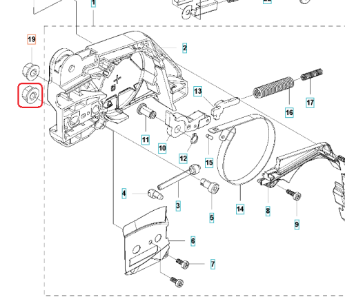 Metalowa nakrętka hamulca do pilarek Husqvarna 543 XP/XPG/T435, okrągła, gładka, montowana w korpusie silnika, bez oznaczeń, widoczna z boku, przedstawiona na schemacie.