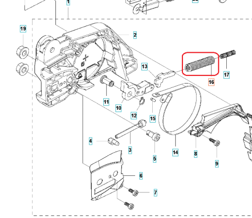 Sprężyna hamulca do pilarki Husqvarna 543XP/T435/439, cylindryczna, metalowa, w kolorze stalowoszarym, z wyraźnymi spiralnymi żłobieniami. Widoczna z boku, w pozycji leżącej, otoczona innymi częściami pilarki na schemacie technicznym.