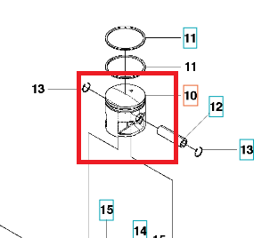 Tłok dmuchawy Husqvarna 130BT/530BT, cylindryczny kształt z metalicznym wykończeniem, widoczne otwory mocujące. Zbliżenie na detal konstrukcji, w kontekście schematu montażu, na jasnym tle.