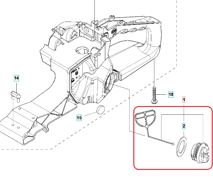 Korek zbiornika paliwa pilarki Husqvarna 543 XP/XPG w zestawie z uchwytem. Elementy plastikowe w kolorze czarnym i szarym, ułożone w pozycji leżącej. Widoczne szczegóły mocowania i otworu wlewu, z czytelnym logo Husqvarna.