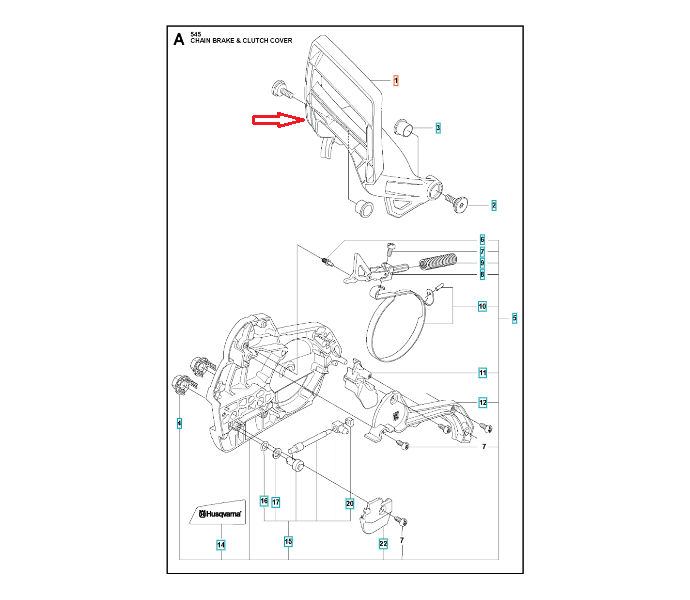 Dźwignia hamulca pilarki Husqvarna 545/550 XP/XPG, metalowa, w kolorze czarnym, z wyraźnymi oznaczeniami. Ujęcie z boku, pokazujące detale zamocowania i kształt. W tle grafika techniczna z numeracją części.