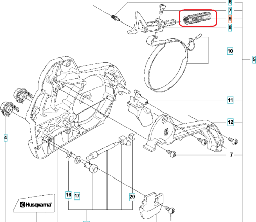 Sprężyna hamulca do pilarek Husqvarna 545/555/550XP, stalowa, spiralna, widoczna na białym tle schematu montażowego, wspiera działanie hamulca.