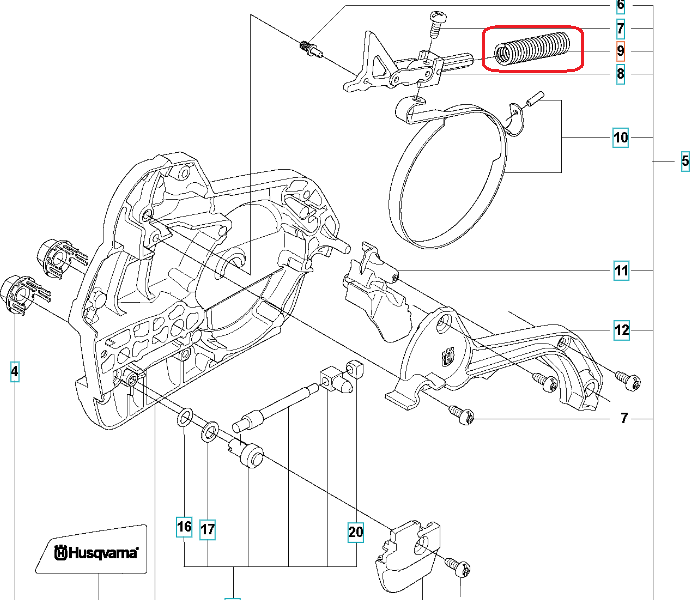 Sprężyna hamulca do pilarek Husqvarna 545/555/550XP, stalowa, spiralna, widoczna na białym tle schematu montażowego, wspiera działanie hamulca.