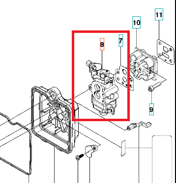 Gaźnik dmuchawy 130BT/530BT Husqvarna, pokazany w widoku z boku. Wykonany z metalu, ma prostokątną formę i widoczne mocowania. Kolor szary, z detalami sugerującymi miejsca montażu. Na obudowie czytelne oznaczenia.