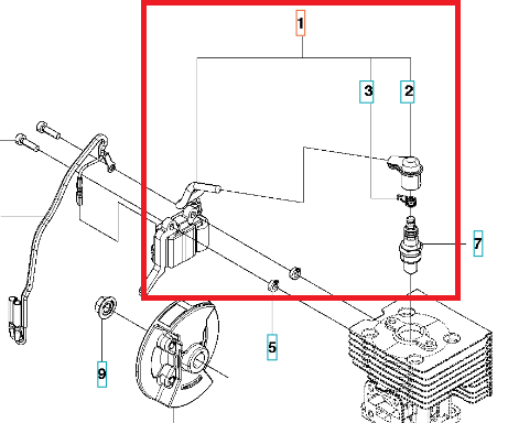 Cewka zapłonowa dmuchawy Husqvarna 530BT z metalową, cylindryczną podstawą, czarno-srebrna, z widocznymi złączami i oznaczeniami, ujęcie boczne podkreślające mocowanie i przewody na neutralnym tle.