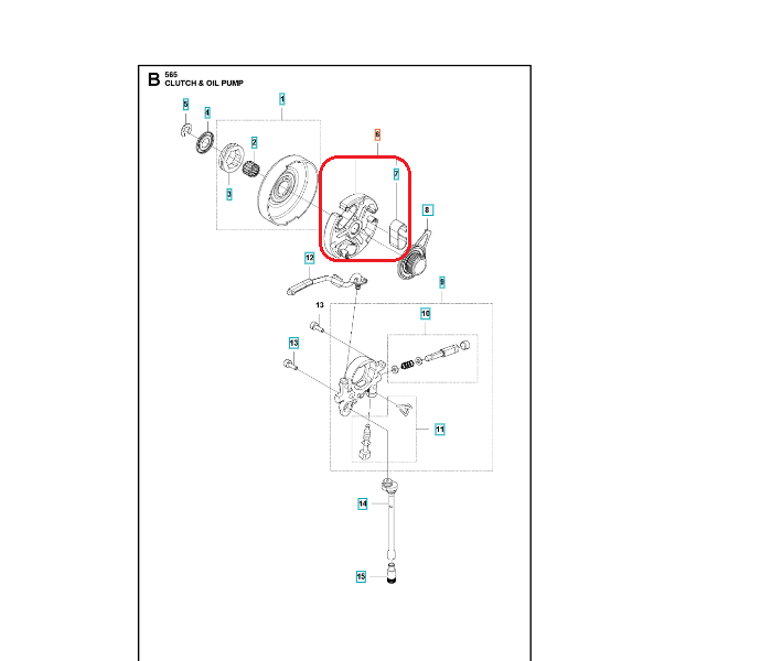 Sprzęgło do pilarki Husqvarna 565/572XP/XPG, metalowe, o okrągłym kształcie z wycięciami na bokach. Zbliżenie na detal z widocznymi elementami mocującymi. Produkt pokazany na jasnym tle, z numeracją części do użycia w montażu.
