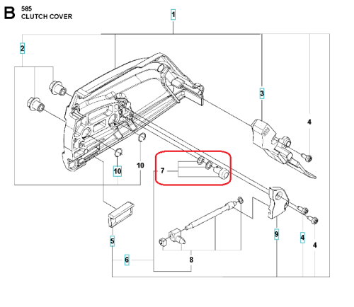 Koło ślimakowe do pilarki Husqvarna 585/572XP/592XP, widoczne w układzie montażowym. Element metalowy,okrągły, z czterema otworami do mocowania. W tle części pilarki, na białym tle, detale oznaczeń.