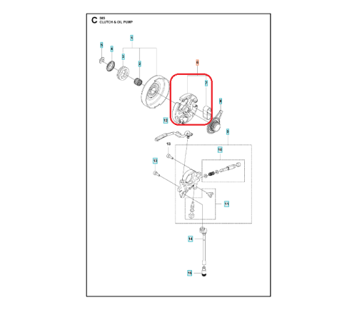 Sprzęgło do pilarki Husqvarna 585/592XP/XPG, widoczne w zbliżeniu, o metalowej, teksturowanej powierzchni. Element jest zamontowany, z widocznymi detalami mocowania. Na schemacie przedstawiono także otaczające elementy budowy, na białym tle.