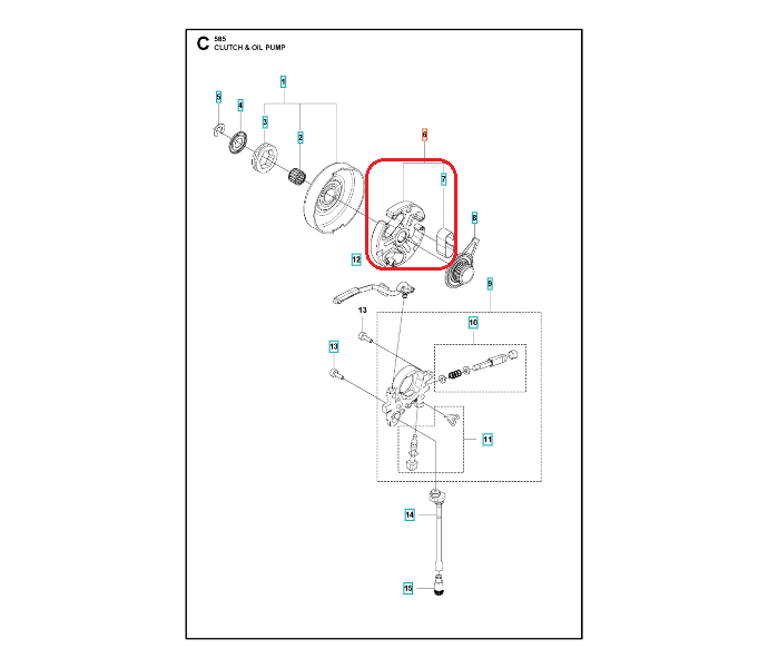 Sprzęgło do pilarki Husqvarna 585/592XP/XPG, widoczne w zbliżeniu, o metalowej, teksturowanej powierzchni. Element jest zamontowany, z widocznymi detalami mocowania. Na schemacie przedstawiono także otaczające elementy budowy, na białym tle.
