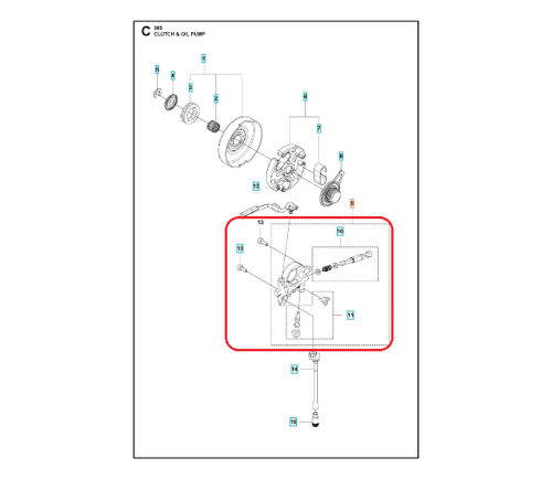 Pompa oleju do pilarki Husqvarna 585/592XP/XPG. Fragment schematu eksploatacyjnego, z widoczną pompką oleju, cylindrycznym elemencie z mocowaniem oraz otworami. Na jasnym tle. Detale techniczne są zbieżne z oznaczeniami i numeracją.