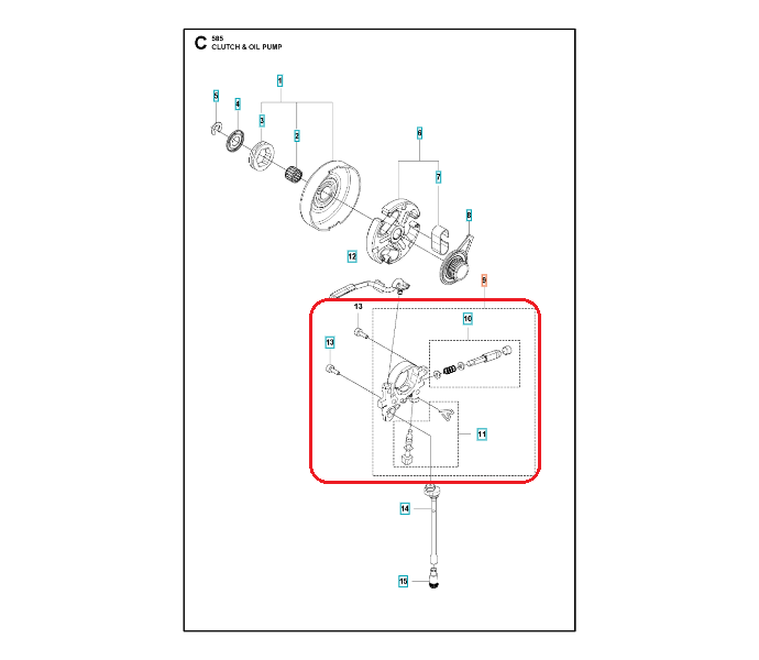 Pompa oleju do pilarki Husqvarna 585/592XP/XPG. Fragment schematu eksploatacyjnego, z widoczną pompką oleju, cylindrycznym elemencie z mocowaniem oraz otworami. Na jasnym tle. Detale techniczne są zbieżne z oznaczeniami i numeracją.