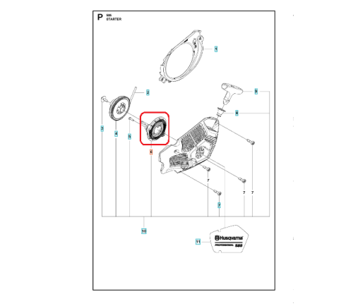 Metalowa sprężyna rozrusznika do pilarki Husqvarna 585/592XP/XPG, okrągła, gładka, metaliczna, z logo Husqvarna, pokazana obok innych części na schemacie.