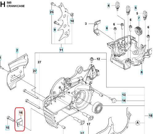 Wychwytnik łańcucha pilarki Husqvarna 545/585/560XP, metalowy, prostokątny element w kolorze srebrnym, widoczny w zbliżeniu. Umieszczony na schemacie budowy silnika, pokazany z perspektywy bocznej, z wyraźnymi numerami części i mocowaniami.