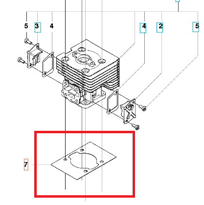 Uszczelka cylindra do dmuchawy Husqvarna 530BT i wycinarki 533RS, prostokątna z otworem, wykonana z elastycznego materiału, gwarantująca szczelność silnika, na białym tle, bez napisów.