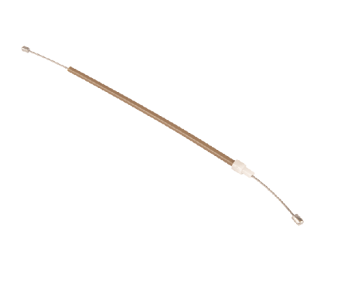 Linka gazu do pilarki Husqvarna 585/592XP/XPG, wykonana z metalu i plastiku. Przedstawiona w pozycji leżącej, z widoczną końcówką mocującą. Kolor brązowy korpusu z nadlewem w biały. Zdjęcie na białym tle, co podkreśla szczegóły produktu.