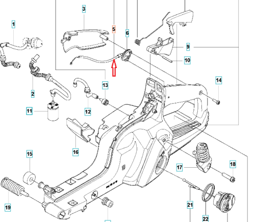 Czarna, cienka linka gazu do pilarek Husqvarna 585/592XP/XPG z widocznym złączem na jednym końcu, na białym tle, prezentująca detal mocowania w zbliżeniu.
