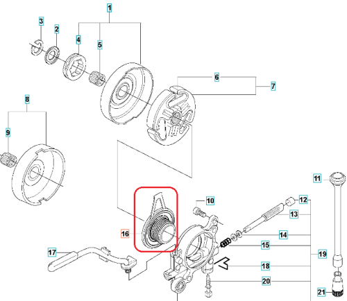 Ślimak pompy oleju do pilarki Husqvarna 570/575XP/576XP w kolorze szarym, o zaokrąglonym kształcie. Widoczny z boku, bez dodatkowych akcesoriów. Element stosowany w mechanizmach pompy, z wyraźnymi oznaczeniami pasującymi do modelu.